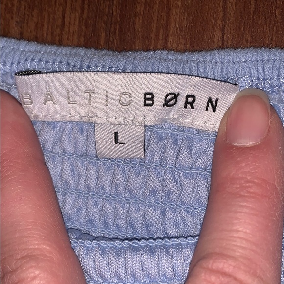 BalticBorn Alana Smocked Off-Shoulder Puff Sleeve Baby Blue Mermaid Midi Dress L - Picture 7 of 7